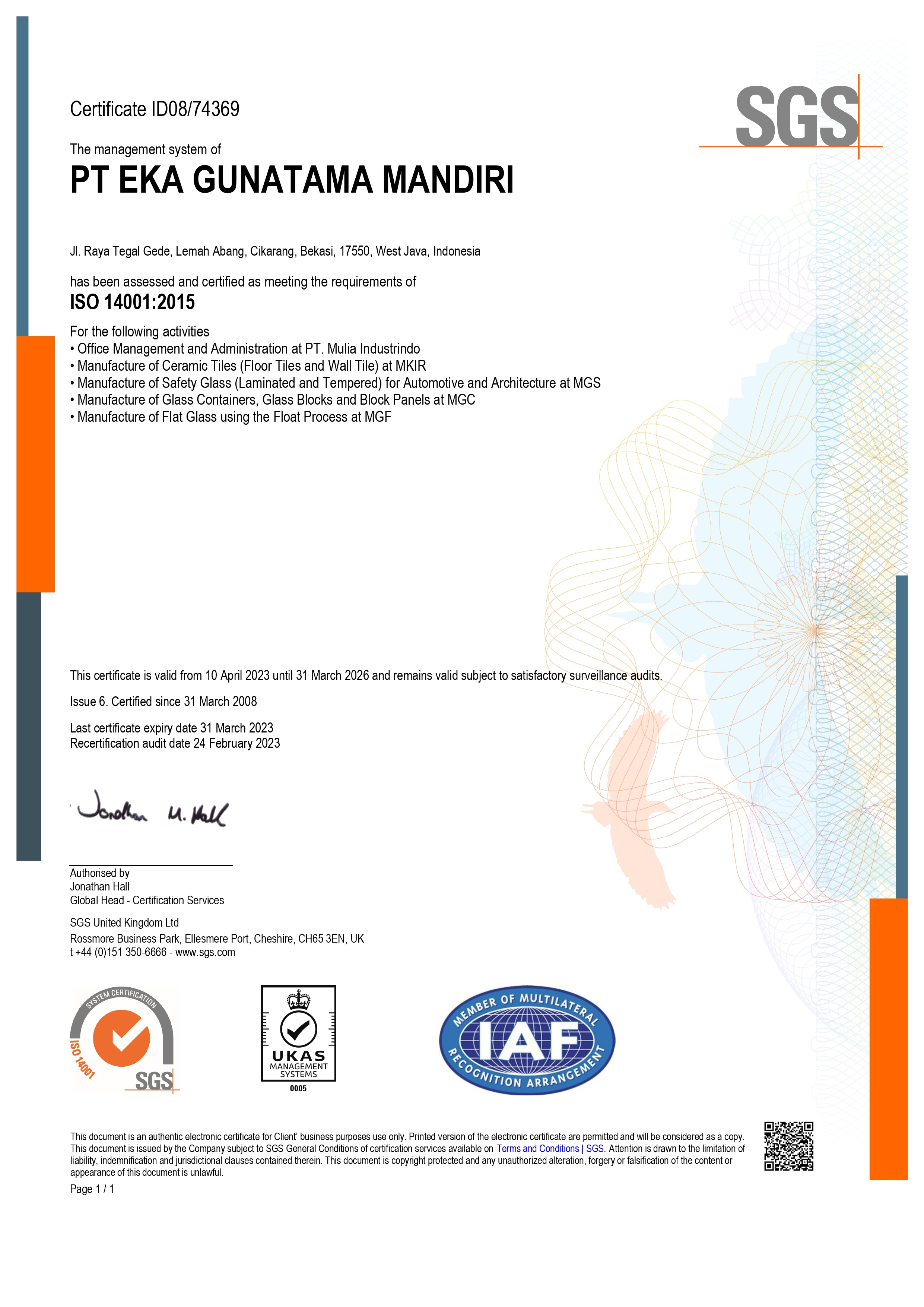 SGS - ISO 14001:2015 (No ID08/74369) Certification